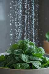 Wall Mural - Fresh spinach being rinsed under running water against a clean white background, showcasing vibrant green leaves and sparkling droplets. washing lettuce, spinach. spinach in water