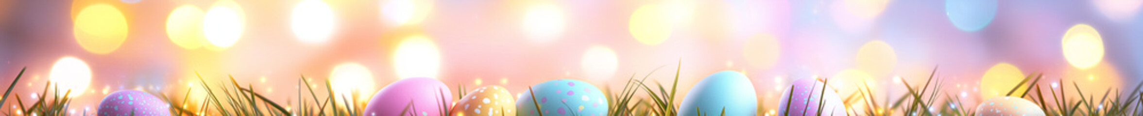 Wall Mural - a colorful group of decorated eggs in the grass with blurred background.