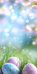 Wall Mural - a colorful group of decorated eggs in the grass with blurred background.