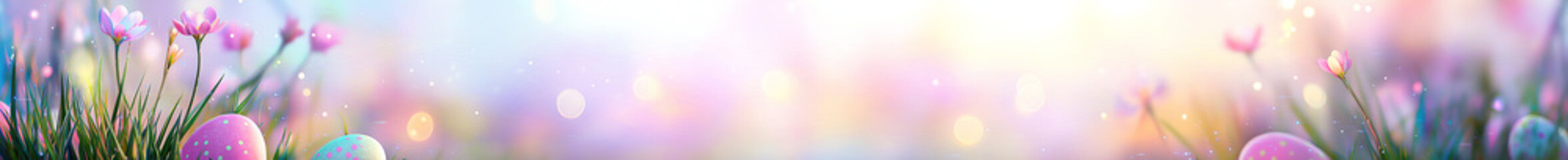 Wall Mural - a colorful group of decorated eggs in the grass with blurred background.