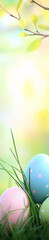 Wall Mural - a colorful group of decorated eggs in the grass with blurred background.