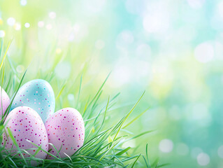 Wall Mural - a colorful group of decorated eggs in the grass with blurred background.