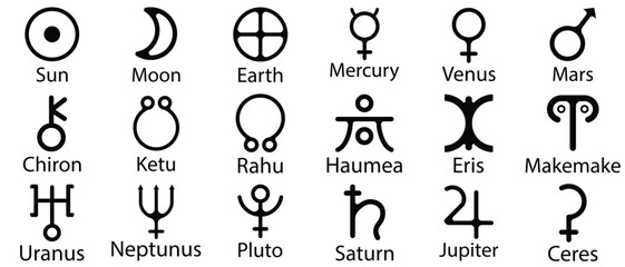 Set astrology and astronomy planet symbols. Outline icons, set of symbols for horoscope.Mystic planetary signs and symbols of ancient astrology and astronomy.   Simple alchemy icons, glyphs of planets