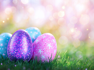 Wall Mural - a colorful group of decorated eggs in the grass with blurred background.