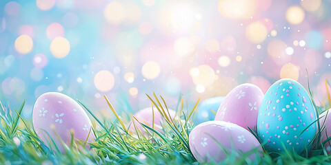 Wall Mural - a colorful group of decorated eggs in the grass with blurred background.