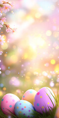Wall Mural - a colorful group of decorated eggs in the grass with blurred background.