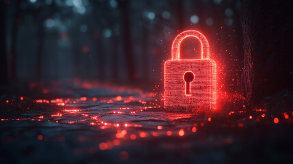 Abstract glowing lock with a digital network of binary code flowing around it, futuristic design. Bright lighting, contrast