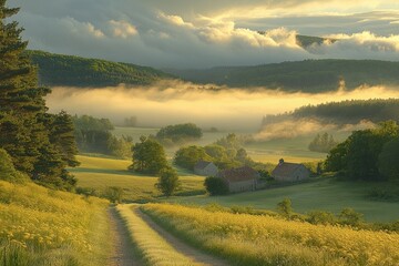 Wall Mural - Rural Sunrise Landscape With Stone Houses And Fog