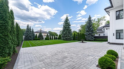 Wall Mural - In a tranquil setting, brick paths meander through a spring garden, leading to vibrant arborvitae trees, creating an inviting atmosphere by modern country houses