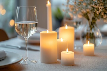 Sticker - A minimalistic white table setting featuring candles, a glass of water, and a vase with flowers