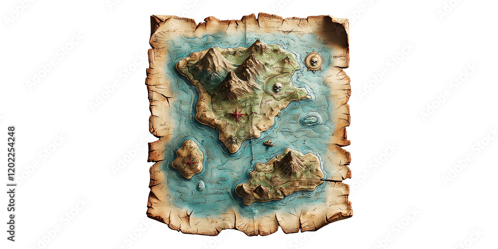 Vintage treasure map with islands and compass isolated on transparent ...