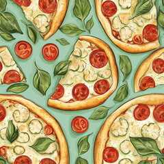 Poster - Cauliflower Crust Pizza flat illustration, Cauliflower Crust Pizza seamless pattern