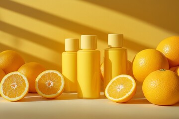 Wall Mural - A minimalistic arrangement of bright yellow cosmetic bottles surrounded by fresh oranges and lemon slices against a yellow background