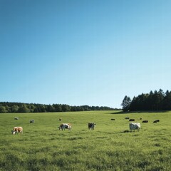 Aufkleber - Cows grazing in a lush green meadow under a clear blue sky on a sunny day in a rural landscape. Generative AI