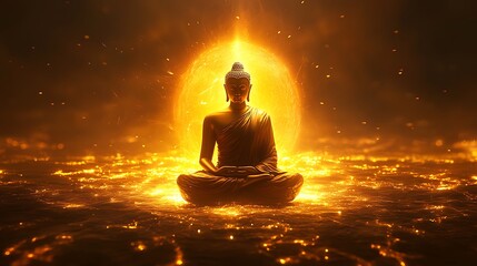 a symbolic image of gautama buddha sitting in a traditional meditation pose with a glowing aura, ref