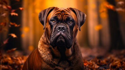 Wall Mural - Adorable Bull Mastiff: Front Close Up Shot of Beautiful Adult Canine with Brown and Black Breed on Autumn Background