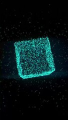 Aufkleber - Abstract 3D glowing turquoise cube composed of tiny particles, floating in black background. Vertical video animation