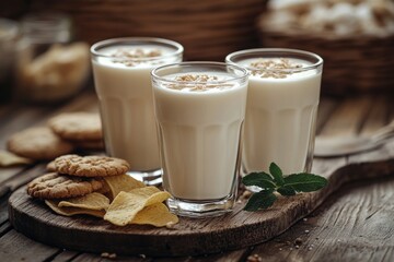 Sticker - Three glasses of milk served with cookies and snacks on a wooden surface