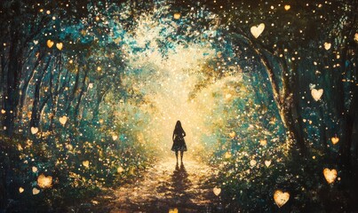 Poster - Enchanting Heartlit Forest Path Solitary Figure's Journey