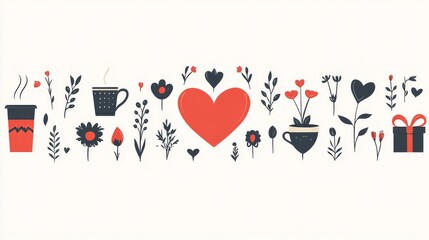 Wall Mural - A minimalistic illustration featuring a large heart surrounded by flowers, cups, and gift icons in a simple, colorful design