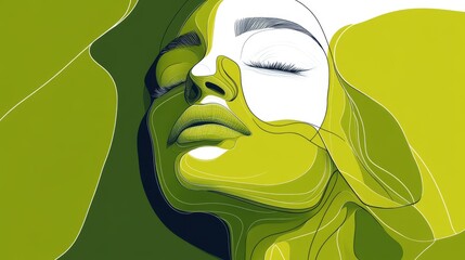 Wall Mural - A modern abstract illustration featuring a minimalistic depiction of a woman's face with flowing lines and green tones