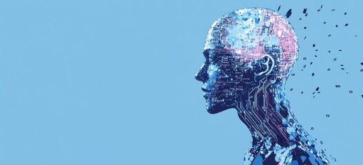 Artificial Intelligence concept with a digital human profile made of binary code and circuitry on a blue background AI technology in business Generative AI
