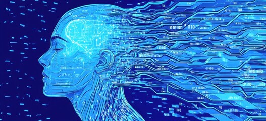 Artificial Intelligence and computing everything in a blue color background illustration design, with circuit board patterns and binary code Generative AI