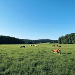Aufkleber - Cows grazing peacefully on a vibrant green meadow under a clear blue sky in the countryside. Generative AI