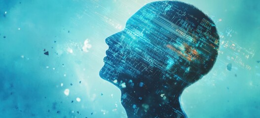 Abstract digital human profile with binary code and circuit patterns, representing artificial intelligence or machine learning concept on a blue background Generative AI