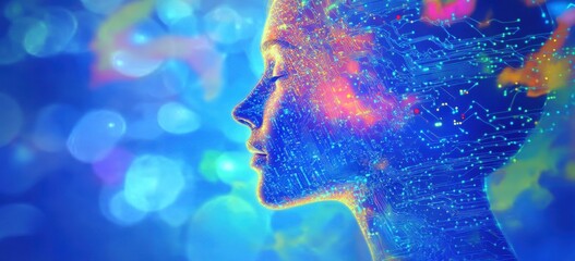 Abstract digital human profile with binary code and circuit patterns, symbolizing artificial intelligence technology concept Generative AI