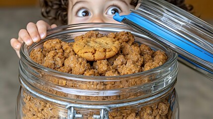 a child sneaking a cookie from a jar, their playful eyes glinting as they glance around to ensure no