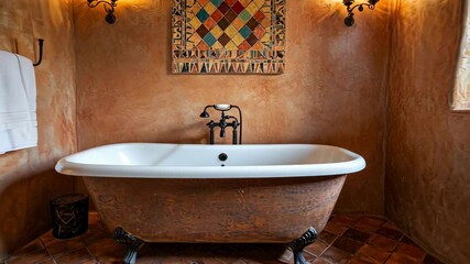 Wall Mural - A bathroom with a large bathtub and a colorful wall. The bathtub is white and has a claw foot. The room has a warm and inviting atmosphere