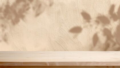 Fototapete - natural beige textured wall with soft tree shadow overlay and light wooden plank foreground, perfect for product display or design backdrop