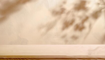 Poster - natural beige textured wall with soft tree shadow overlay and light wooden plank foreground, perfect for product display or design backdrop