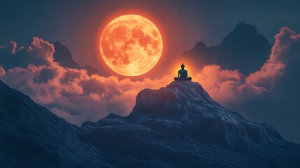 Wall Mural - A tranquil depiction of Gautama Buddha sitting on a mountain peak with the full moon in the background, symbolizing spiritual guidance and peace