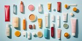 top view  Collection of Beauty  Products  cosmetics knolling flat lay arrangement 