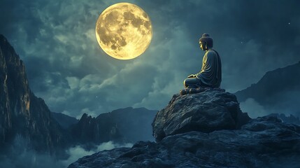 Wall Mural - A tranquil depiction of Gautama Buddha sitting on a mountain peak with the full moon in the background, symbolizing spiritual guidance and peace
