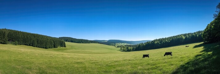 Aufkleber - Grazing cows enjoy a sunny afternoon in a lush green meadow surrounded by hills and trees. Generative AI