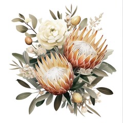 Gold Graphic Floral Protea and Eucalyptus Arrangement on a White Background. Beautiful Tropical Bloom Decoration in Gold Graphic