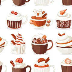 Poster - Hot chocolate flat illustration icons, Hot chocolate infinite pattern