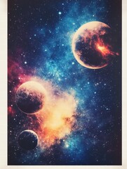 Poster - Vivid galaxy print featuring colorful stars, glowing planets, and vibrant nebulas in a cosmic landscape. Generative AI