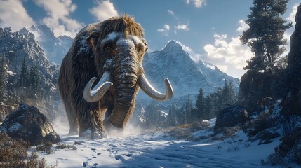 Magnificent Woolly Mammoth Strolling Through Snowy Mountain Terrain on a Sunny Day