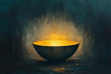 Wall Mural - Glowing Golden Bowl on Dark Textured Background