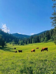 Aufkleber - Peaceful cows grazing on a lush green meadow surrounded by mountains and trees in a serene landscape during daytime. Generative AI