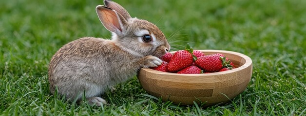 Wall Mural - A charming gray rabbit is happily nibbling on ripe strawberries from a wooden bowl placed on lush green grass. This delightful scene captures the essence of springtime and festive celebrations