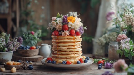 Sticker - A tall stack of pancakes topped with fresh flowers and berries, drizzled with syrup, set in a rustic floral arrangement