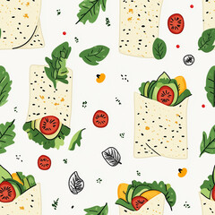 Wall Mural - Veggie Wrap flat illustration icons, Veggie Wrap seamless pattern