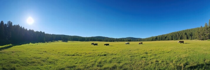 Aufkleber - Cows graze calmly in a lush green meadow under a clear blue sky in the early afternoon. Generative AI