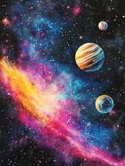 Aufkleber - Vivid galaxy print featuring luminous stars, colorful nebulas, and glowing planets captured in deep space. Generative AI