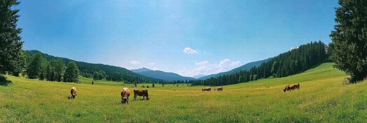 Aufkleber - Cows graze peacefully on a lush green meadow under a clear blue sky in the countryside during sunny daylight hours. Generative AI